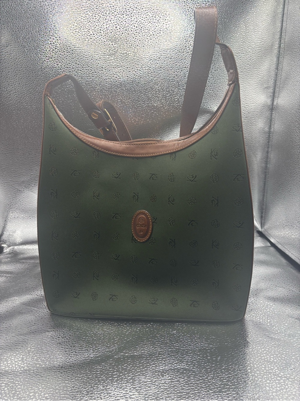 Olive Green Patterned Shoulder Bag with brown Trim